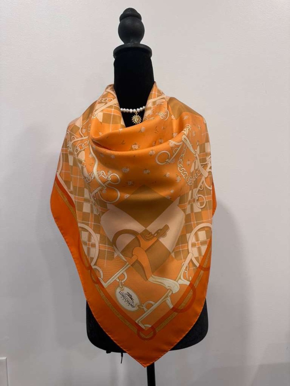 Longchamp Paris Silk Scarf Orange Hand Rolled Made in France